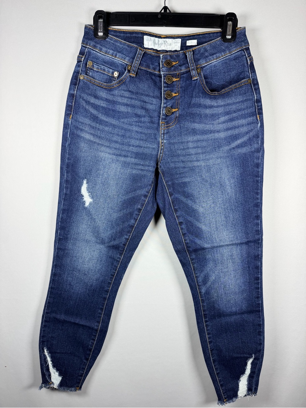 Indigo Rein Medium Blue Cropped Button-Fly Distressed Ankle Jeans